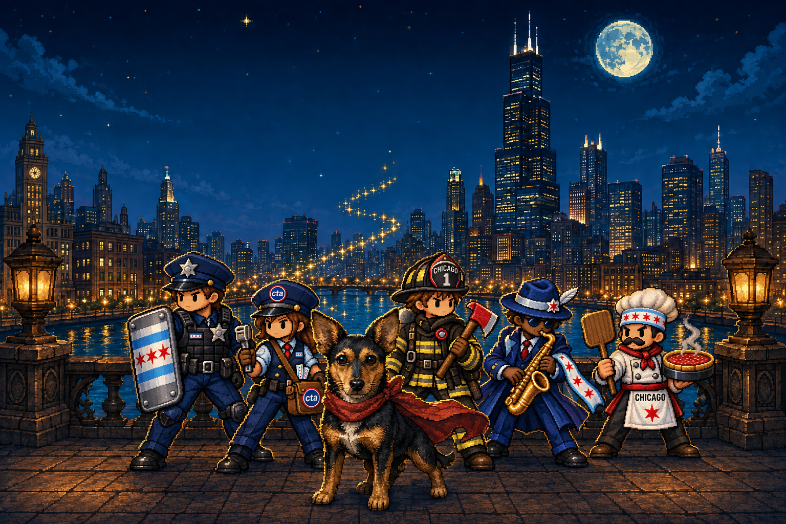 Piper, a black and tan dog in a red scarf, and fantasy companions on a moonlit Chicago river bridge